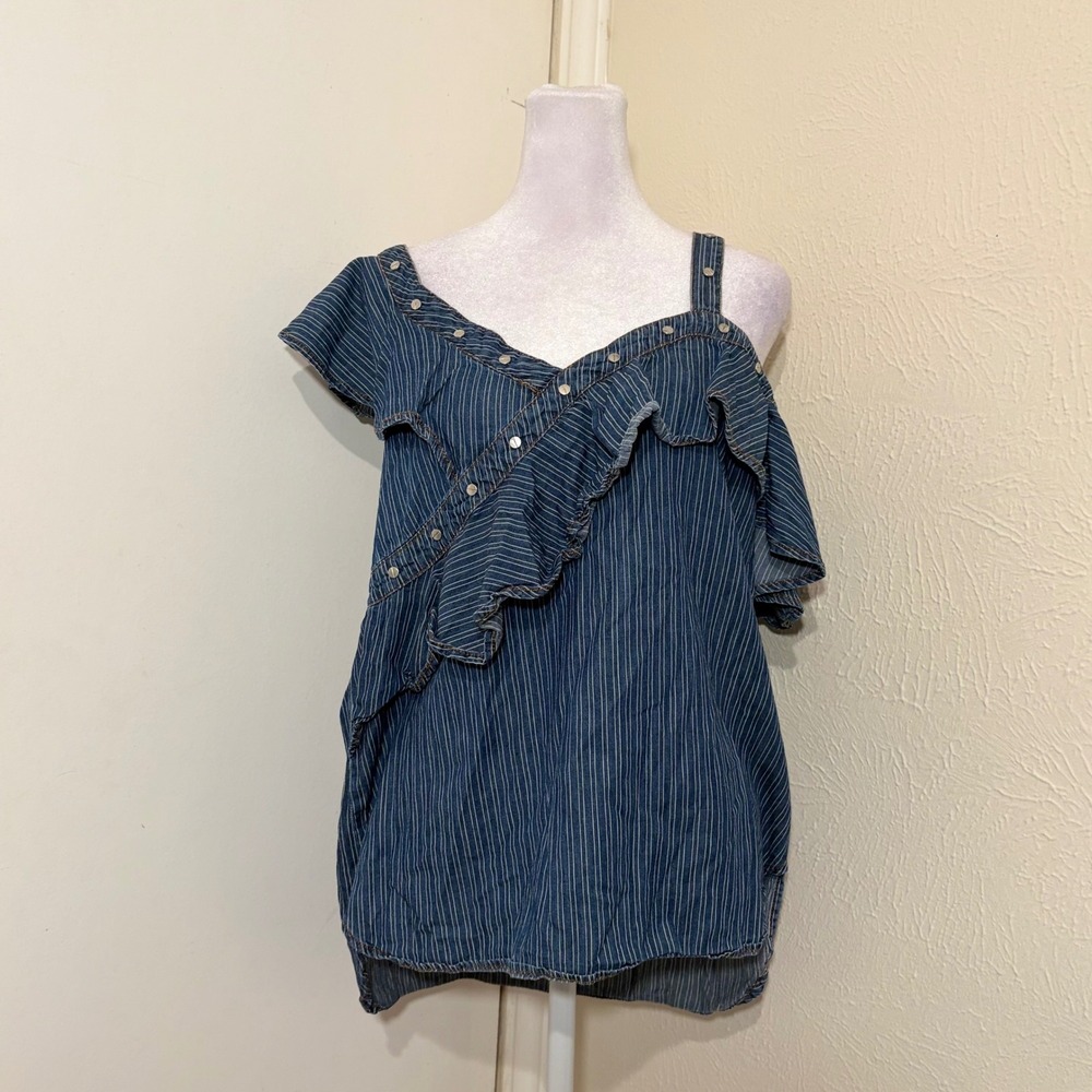 Blue Denim Chambray Pinstripe Off Shoulder Strappy Rivet Ruffle Grunge Indie S